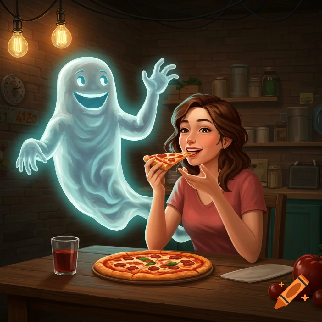 A smiling woman eats a slice of pizza at a wooden table while a friendly, glowing ghost waves next to her in an illustrated style.