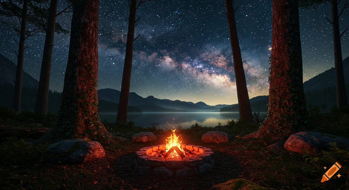 Photorealistic night scene of a campfire on a lakeshore, surrounded by tall trees and mountains under a starry sky with the Milky Way.