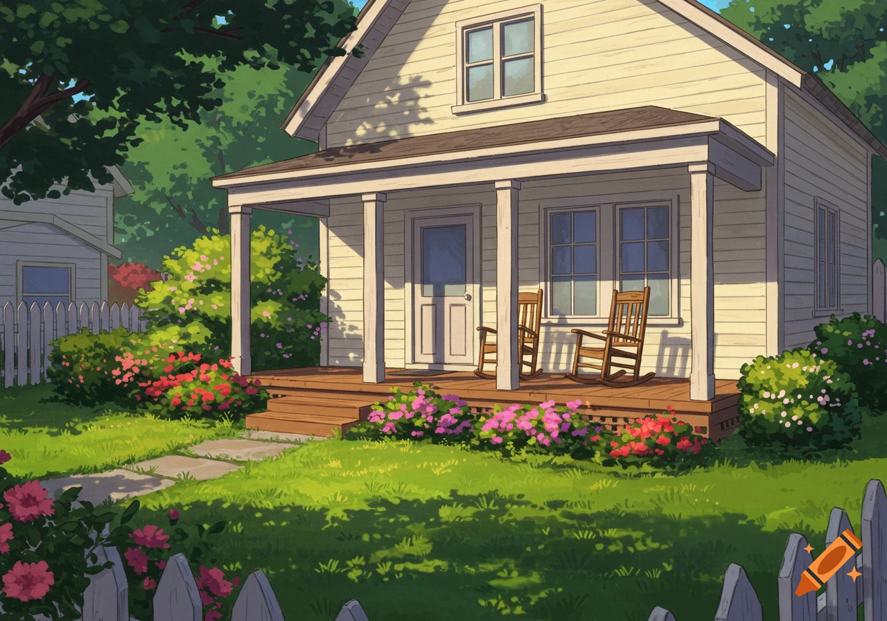 Cartoon-style cream house with a wooden porch, rocking chairs, lush green yard, colorful flowers, and a white picket fence.