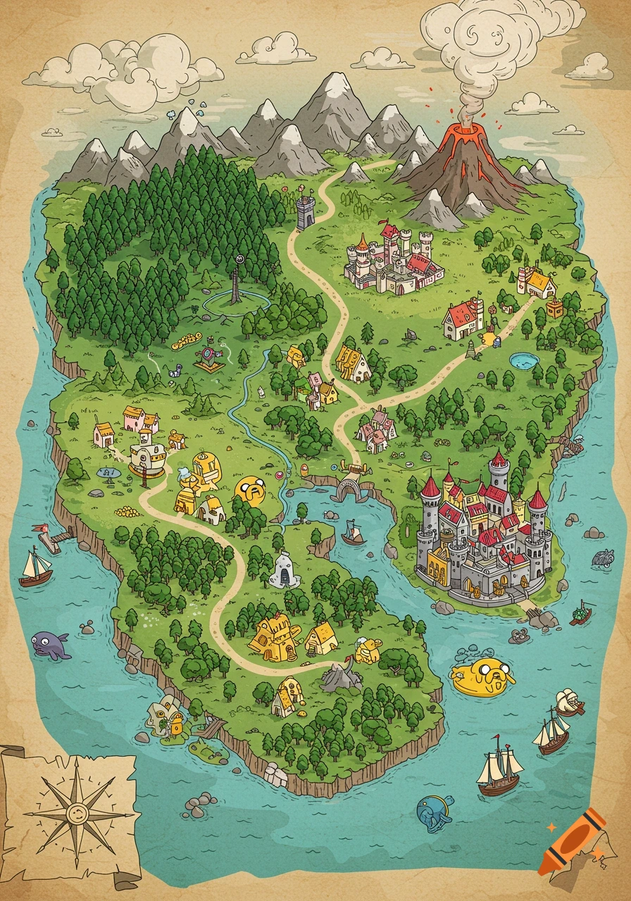 An Adventure Time style fantasy map of an island with forests, villages, castles, a volcano, sea, ships, and Jake the Dog.