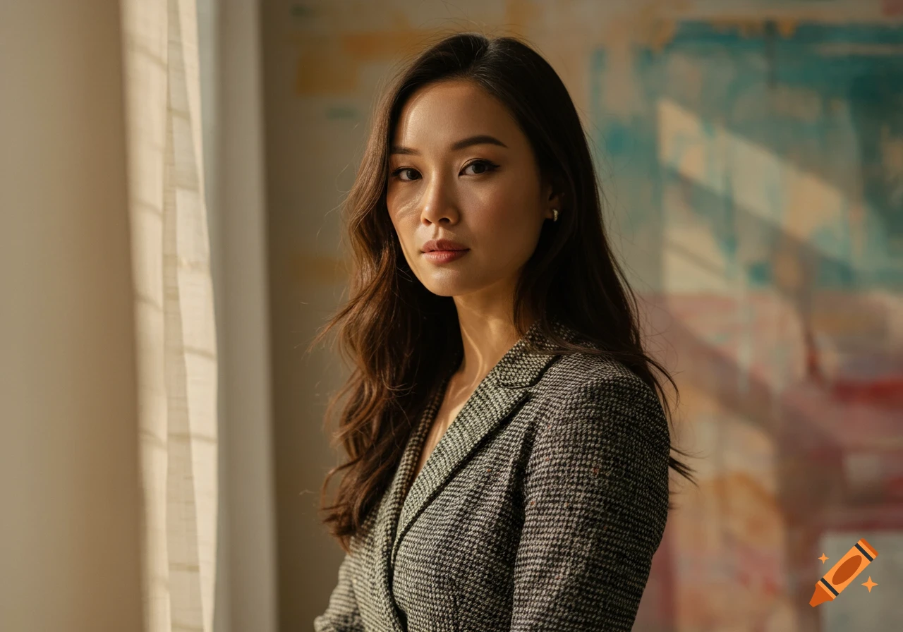 A photorealistic portrait of an Asian woman in a patterned blazer, looking directly at the camera with warm lighting.