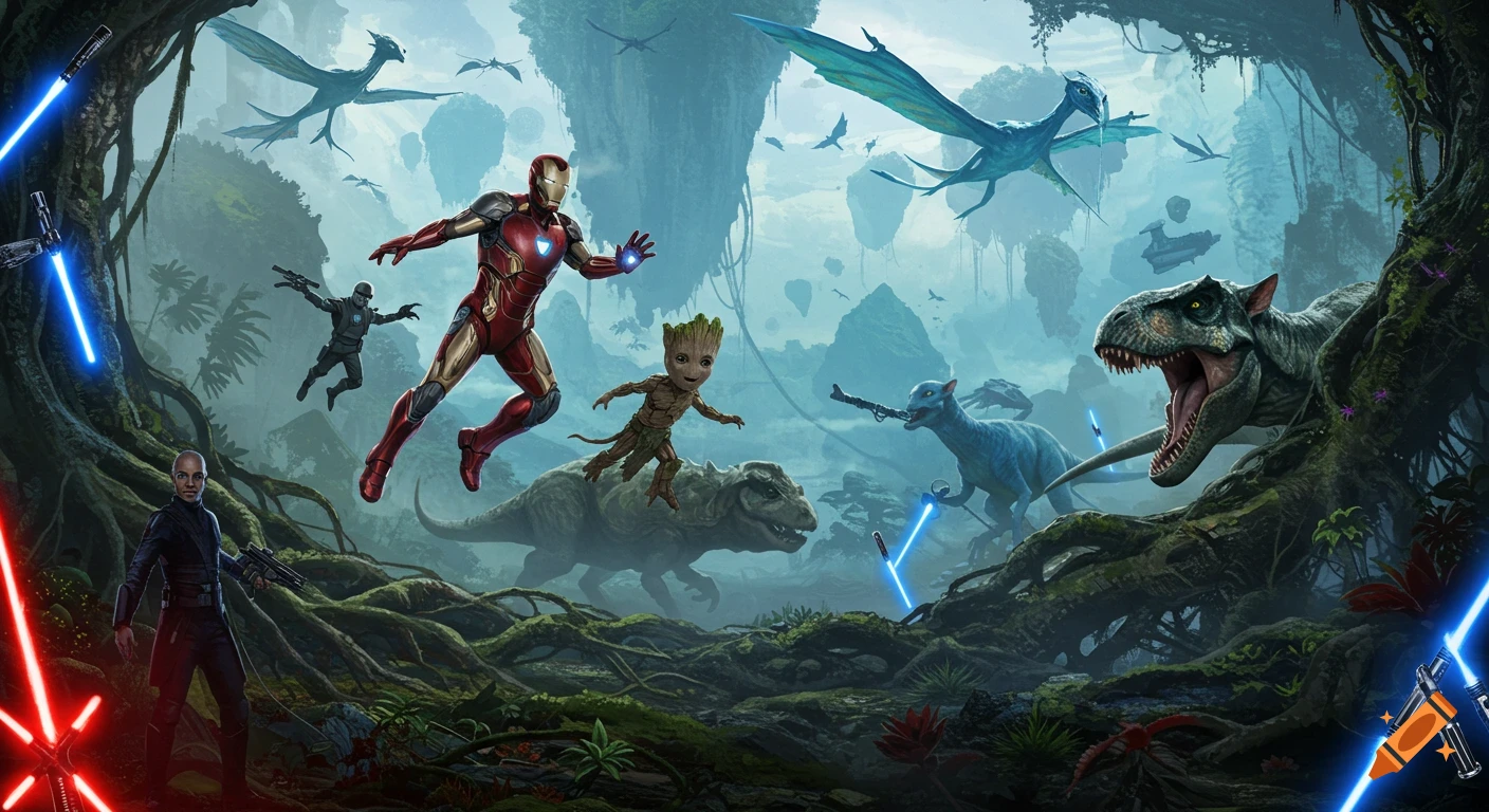 Iron Man and Baby Groot with a female general, a stormtrooper, dinosaurs, and Avatar creatures in a fantastical jungle.