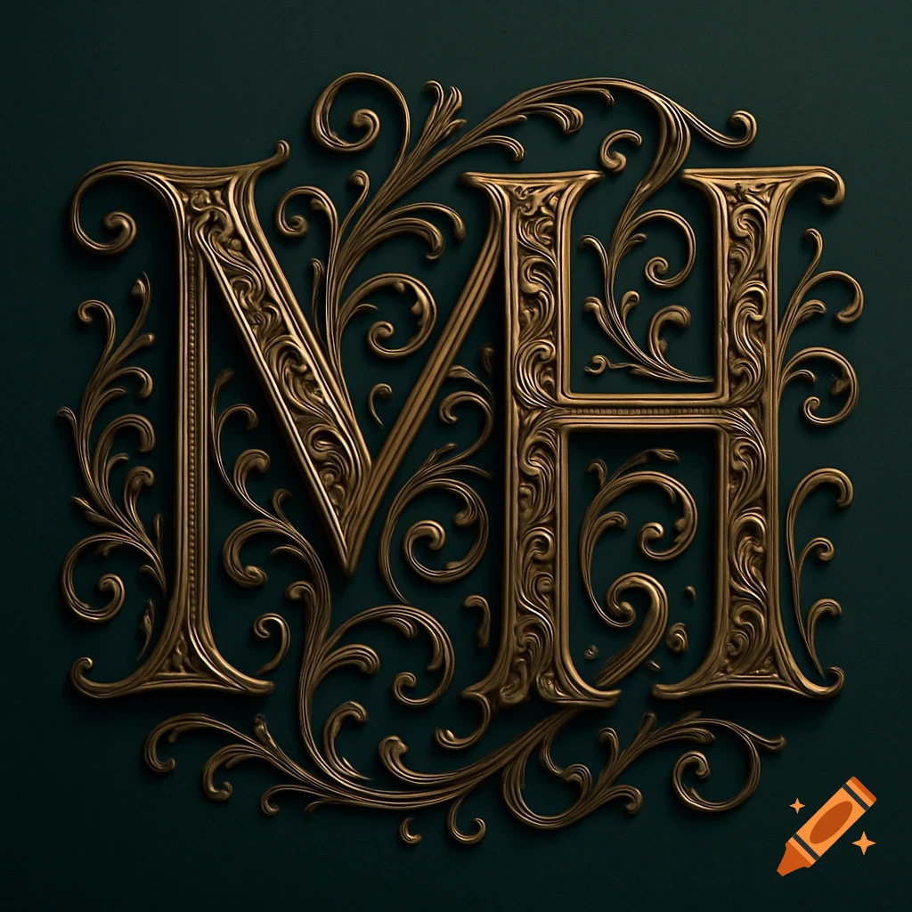 Ornate golden intertwined letters 'M' and 'H' on a dark green background.
