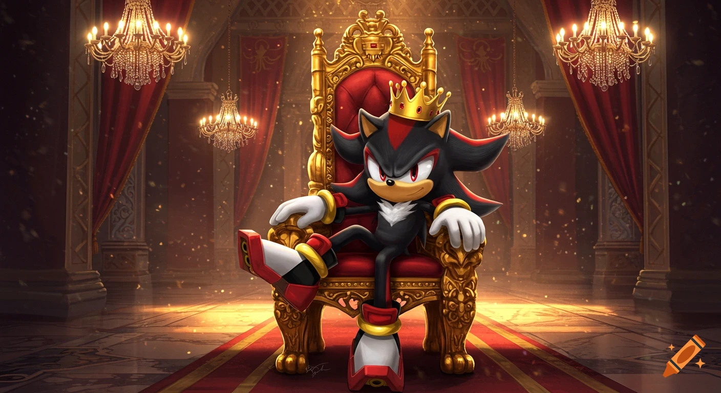 Shadow the Hedgehog wearing a crown, lounging on a golden and red throne in a brightly lit, opulent throne room.