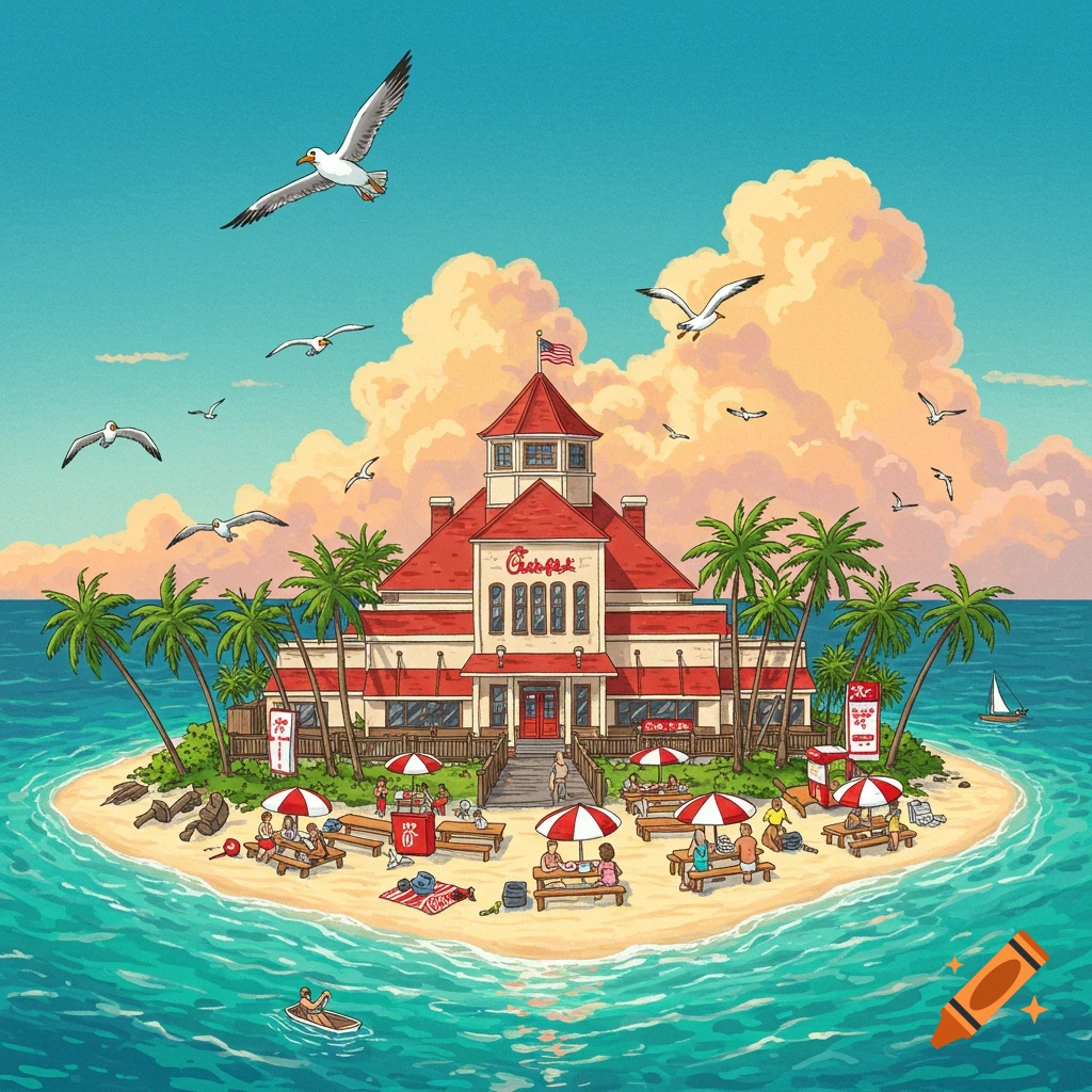 A colorful stylized illustration of a Chick-fil-A restaurant on a tropical island with palm trees, seagulls, and people enjoying the beach.