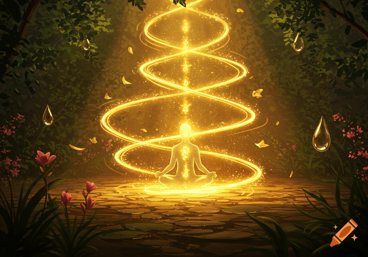 A glowing figure meditating in a forest, surrounded by swirling golden energy and light, with ethereal symbols on its body and in the energy.