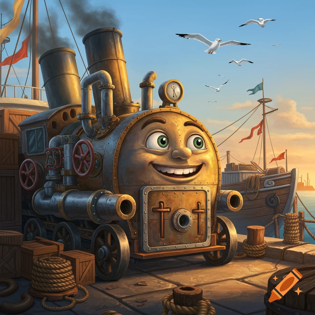 Smiling cartoon steam engine at a sunny harbor with ships and seagulls, animated style.