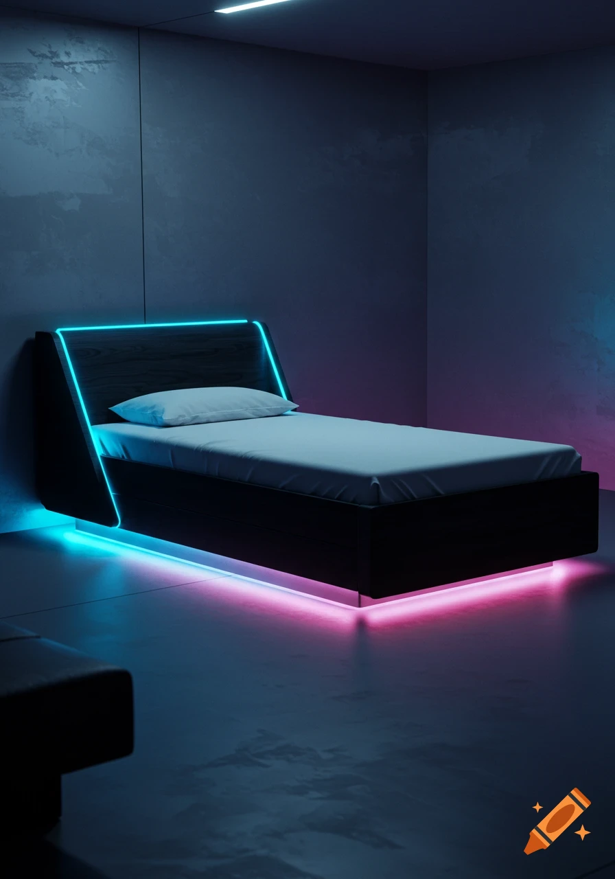 A futuristic smart single bed with glowing blue and pink LED lights in a dark, minimalist room.