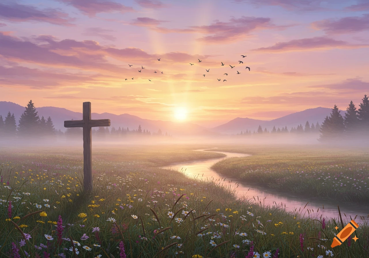 A wooden cross stands in a vibrant wildflower field with a winding river, misty mountains, and birds flying at sunrise.