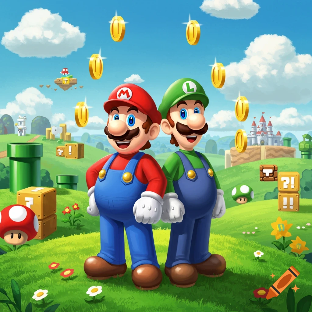 Mario and Luigi stand in a bright, green, cartoon-style Super Mario Bros. landscape with coins, blocks, and a castle.