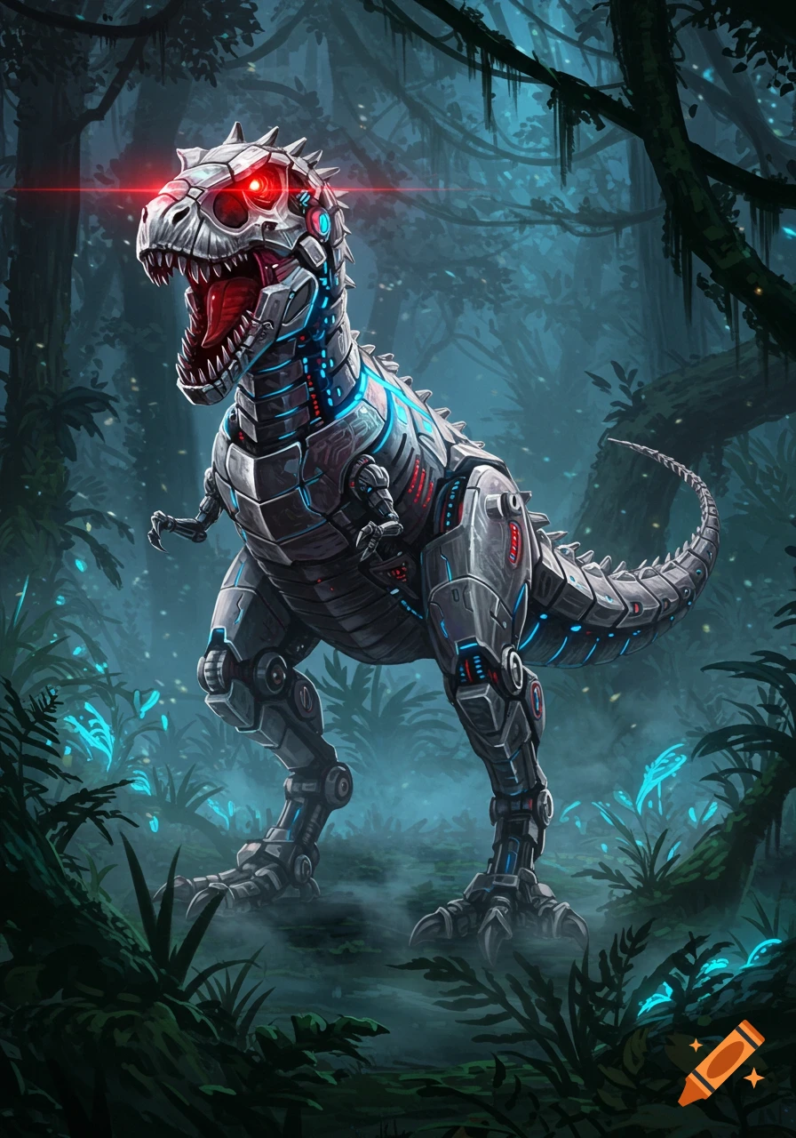 A detailed illustration of a roaring metallic T-rex robot with glowing red eyes in a dark, misty jungle with glowing blue foliage.