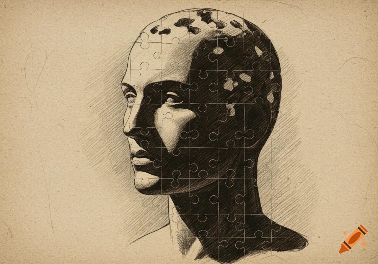 Stylized sketch of a human head in profile, made from dark jigsaw puzzle pieces, on aged paper.