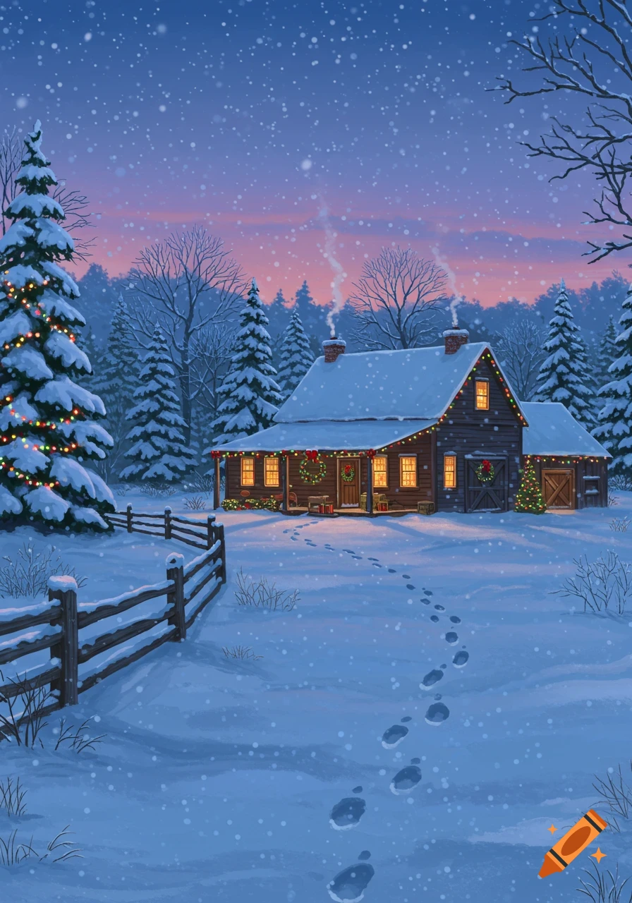 A festive winter landscape with a cozy wooden cabin adorned with Christmas lights and wreaths, snow falling, and footprints in the snow.