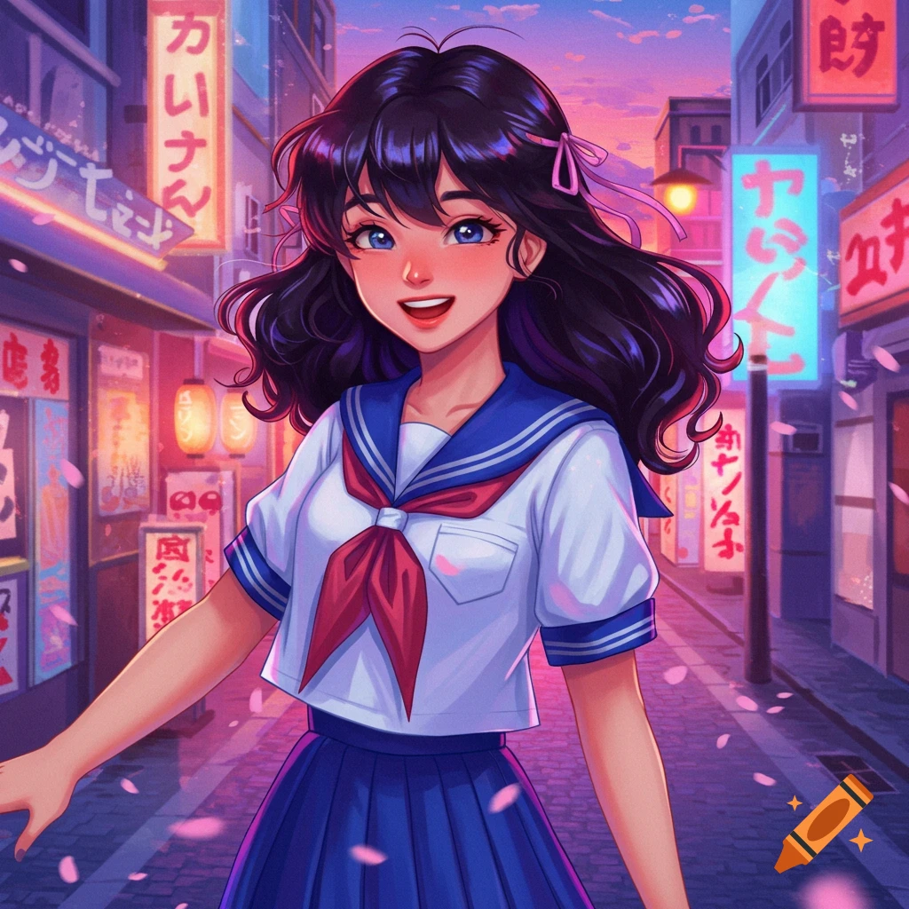 Anime-style school girl with dark hair and blue eyes, smiling on a vibrant, neon-lit Japanese city street with falling cherry blossoms.
