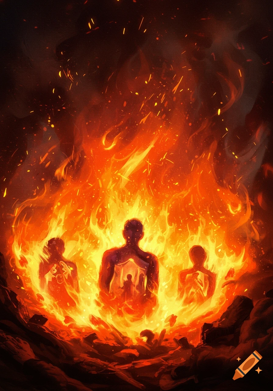 Three abstract human silhouettes with glowing interiors stand amidst intense, fiery flames.