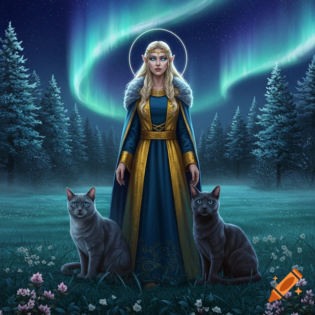 An ethereal elf-like woman in a blue and gold gown stands between two gray cats in a snowy forest clearing under the vibrant aurora borealis.