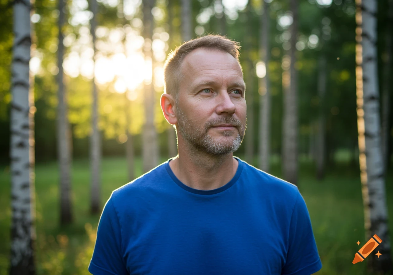 Photorealistic portrait of a middle-aged man with a beard and buzz cut, wearing a blue t-shirt, standing in a sunny forest.