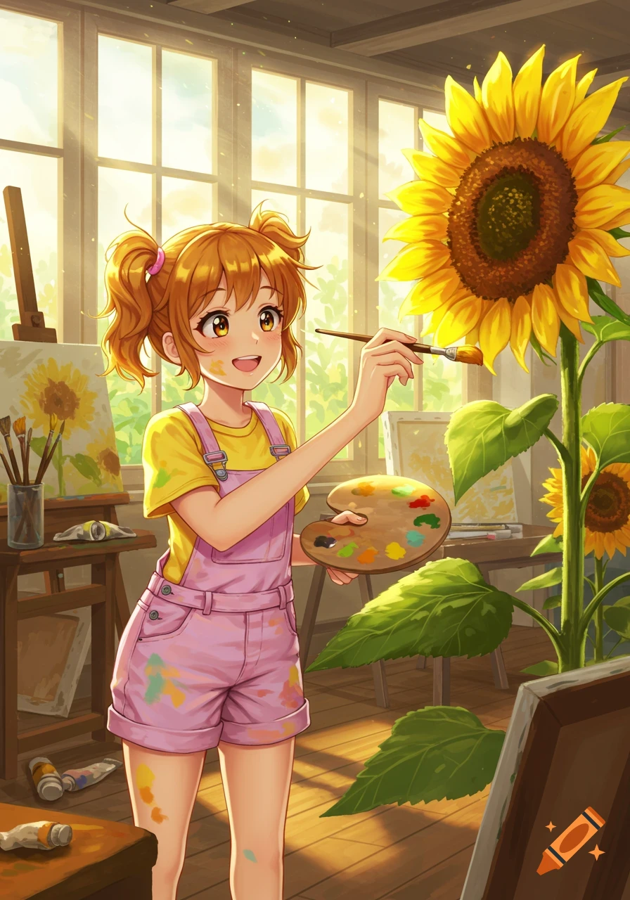 Cute anime girl with paint-splattered overalls painting a large sunflower in a sunlit art studio.
