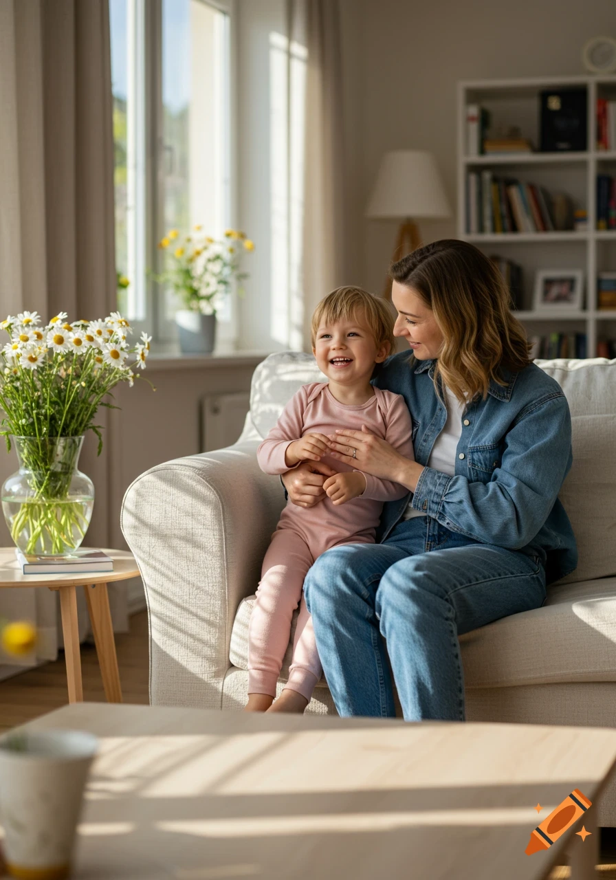 Photorealistic image of a smiling mother holding her laughing child on a couch in a sunlit living room.