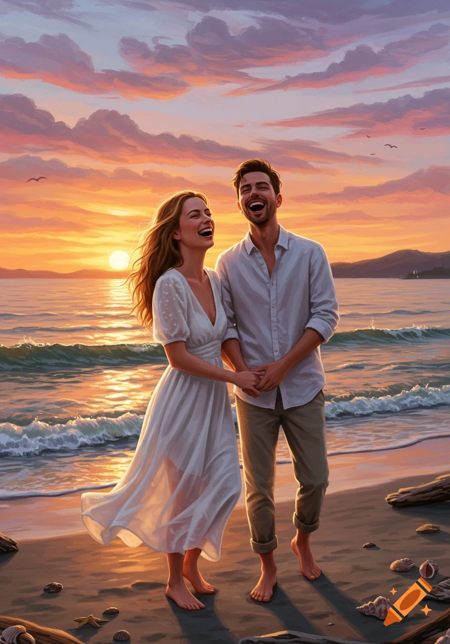 Happy couple laughs while walking hand-in-hand on a beach at sunset, with colorful clouds and ocean waves.