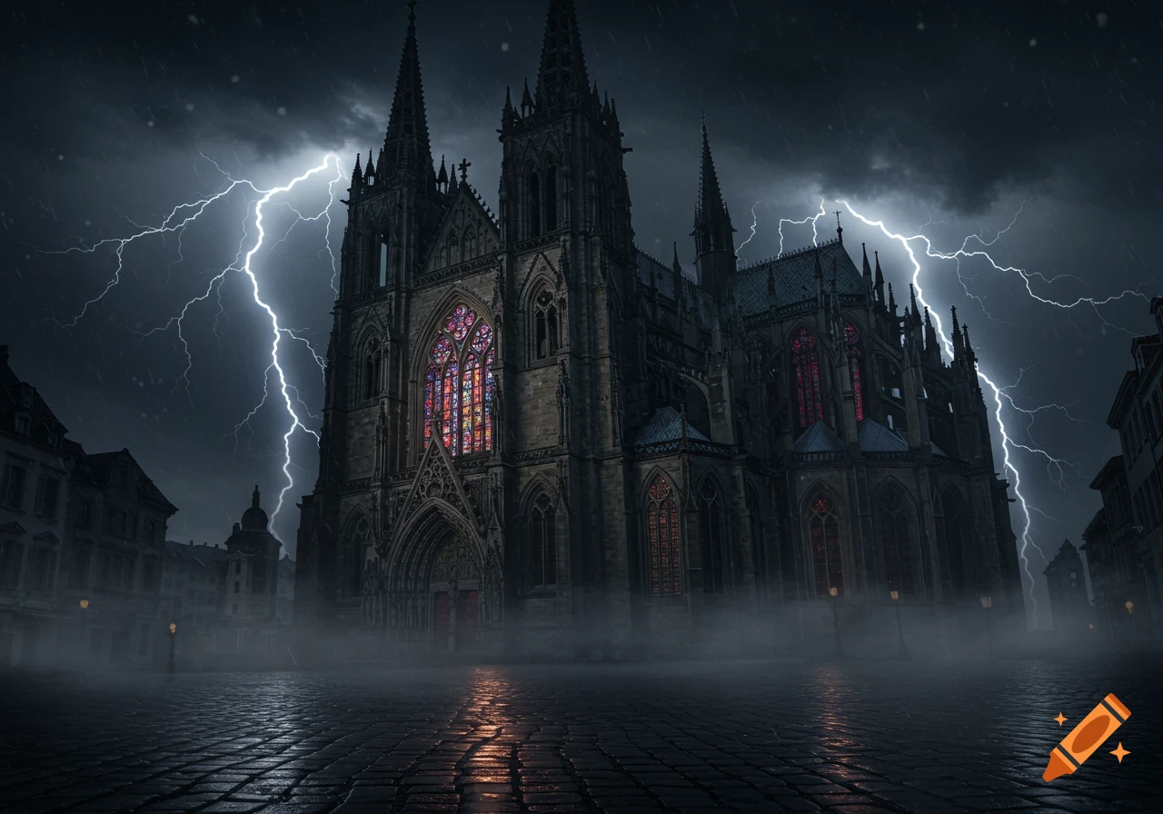 A dark gothic cathedral with colorful stained glass windows under a stormy sky with lightning and fog.