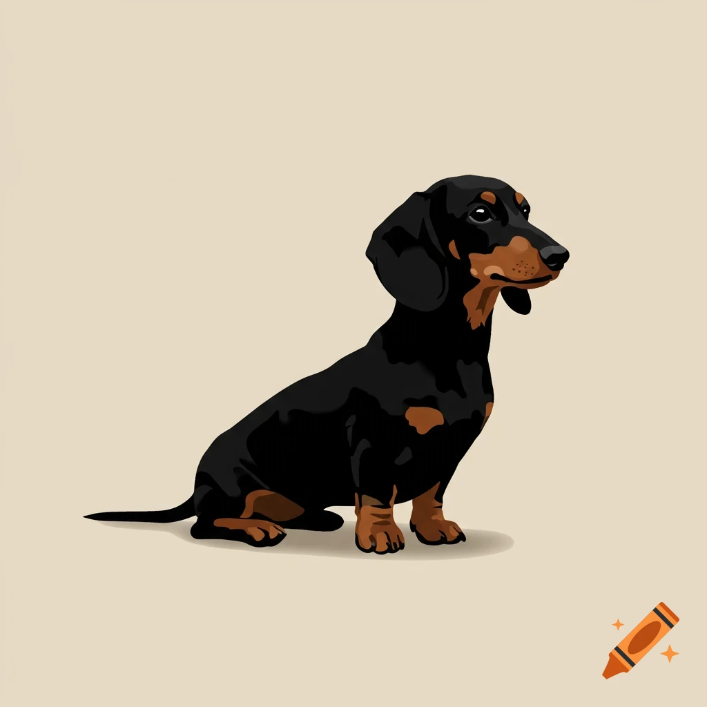 A black and tan dachshund dog sits, looking to the right in a stylized illustration.