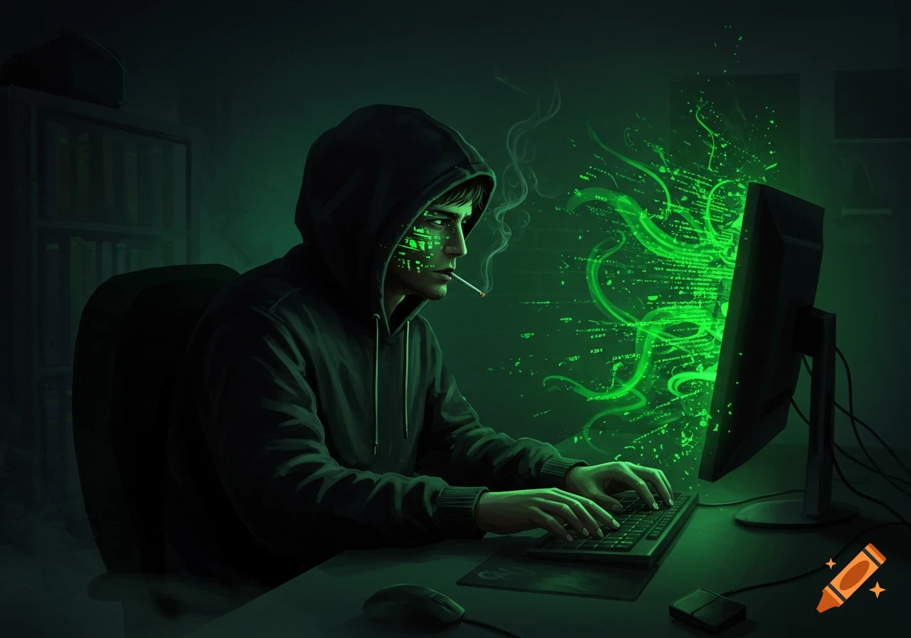 A hooded hacker smoking a cigarette, typing on a keyboard, with green digital code flowing from the computer screen and his face, in a dark, stylized room.