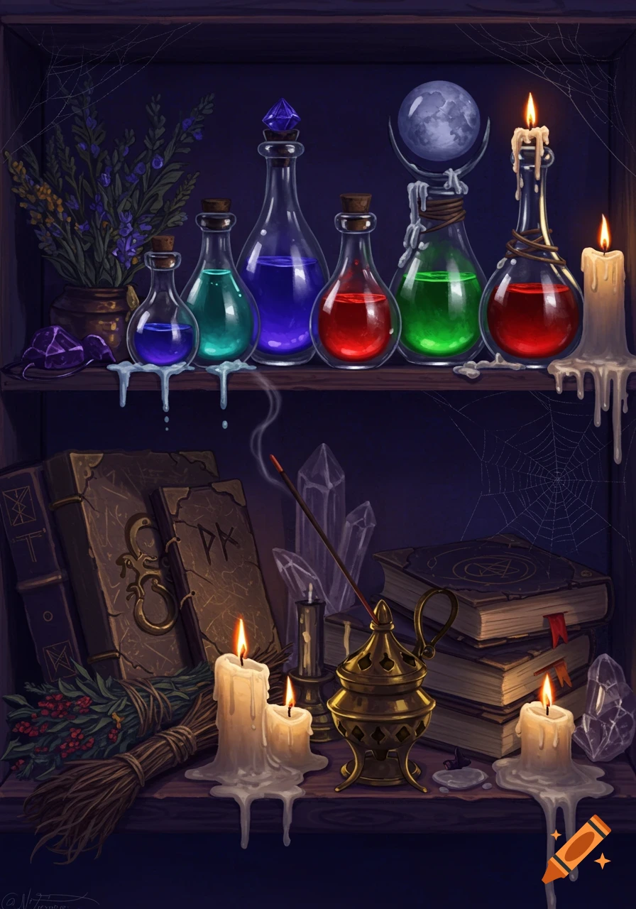 A detailed illustration of a witch's shelf, featuring colorful potions, ancient spellbooks, flickering candles, and mystical artifacts.
