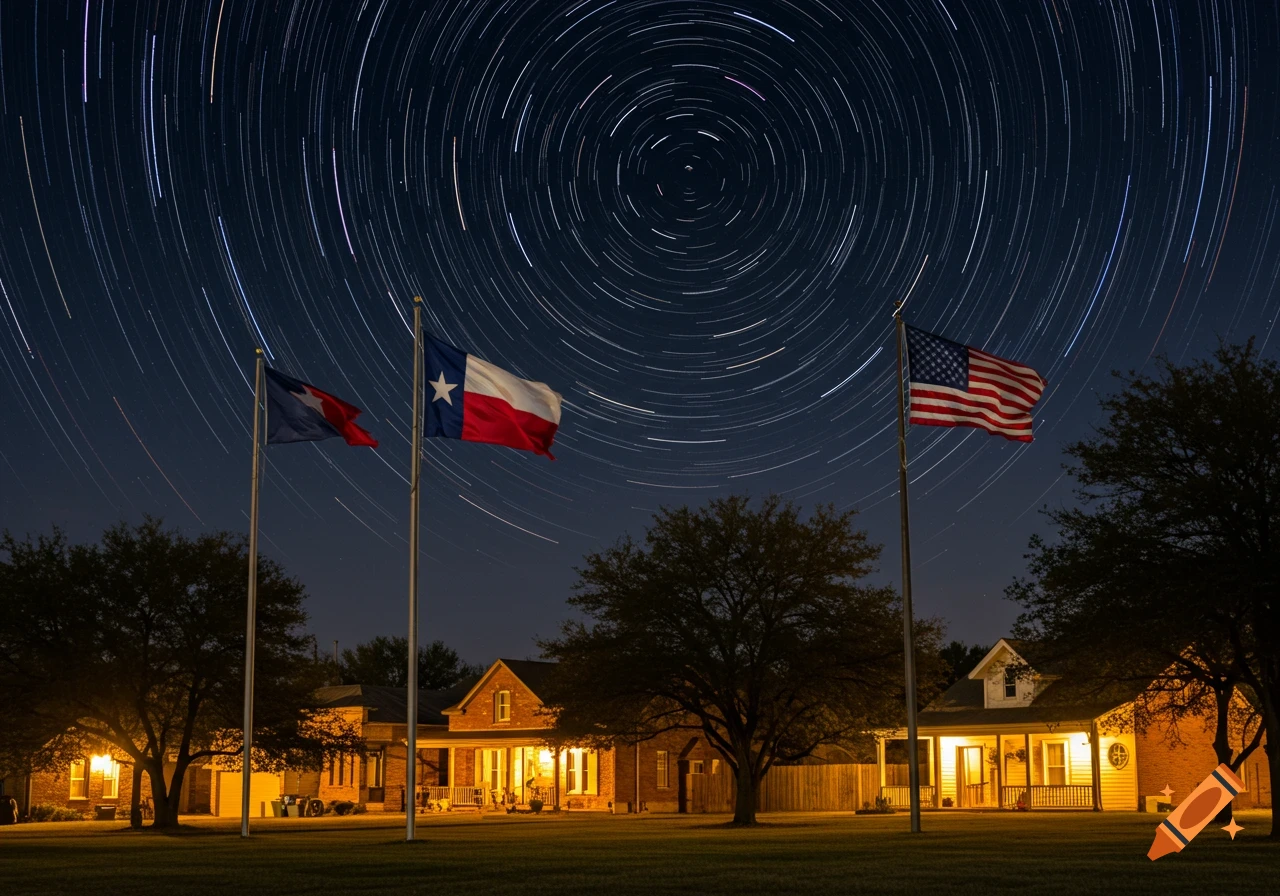 Star trails arc across a dark night sky above houses and two flagpoles flying the Texas and American flags.