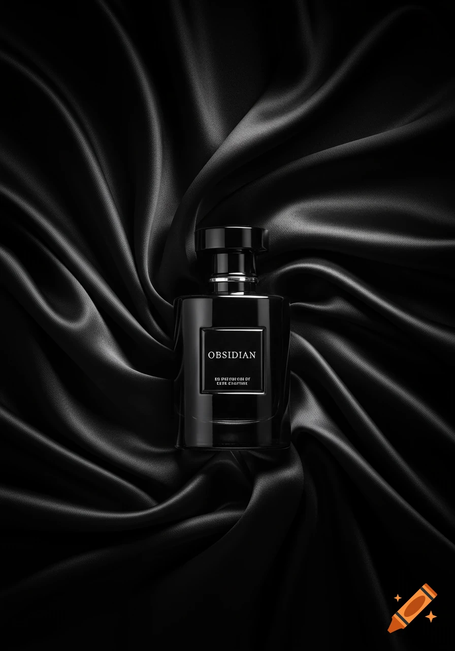 Photorealistic black perfume bottle with a silver neck on a swirling black silk background.