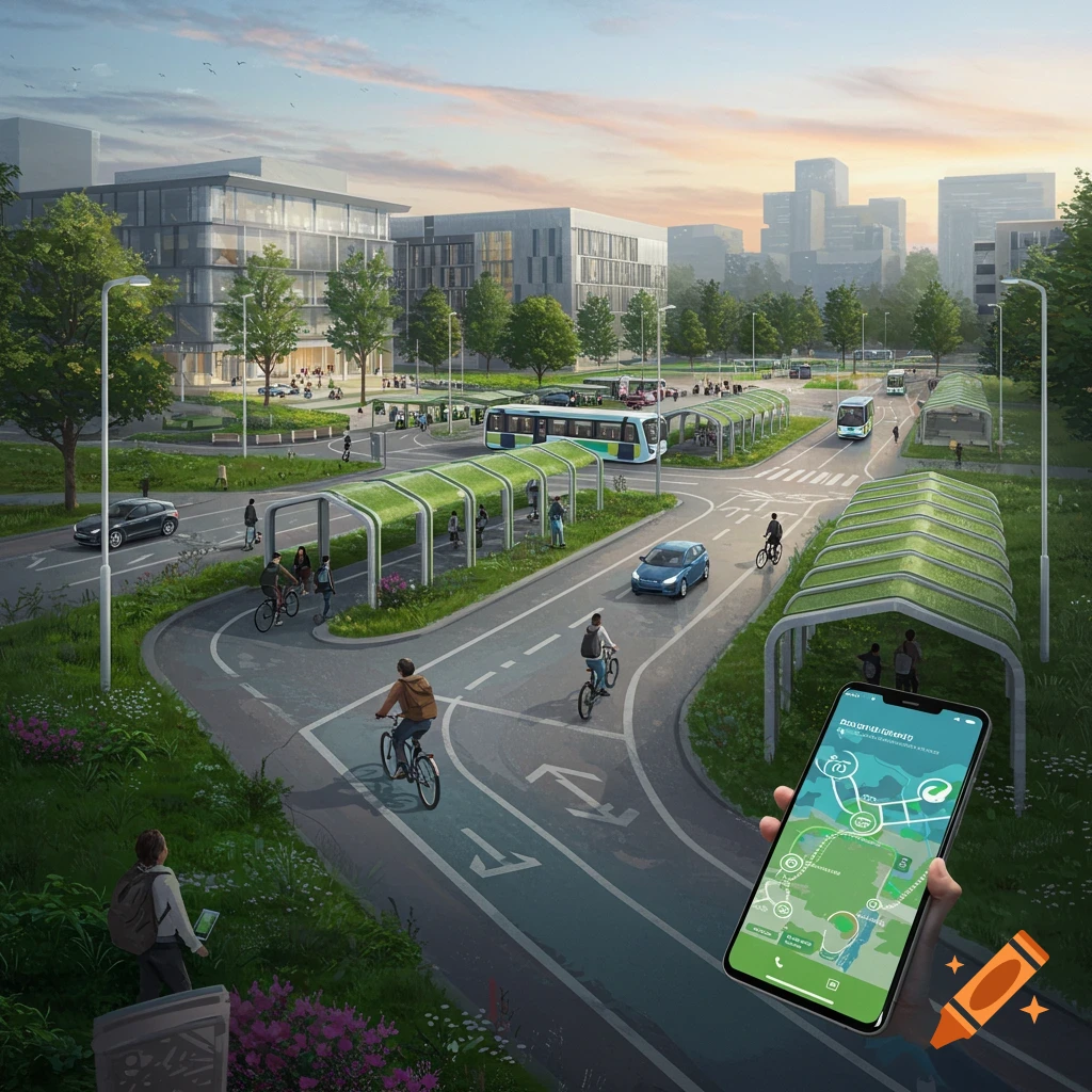 A vibrant, sustainable city campus with people cycling and using public transport on green infrastructure, featuring a hand holding a smartphone with a navigation app.