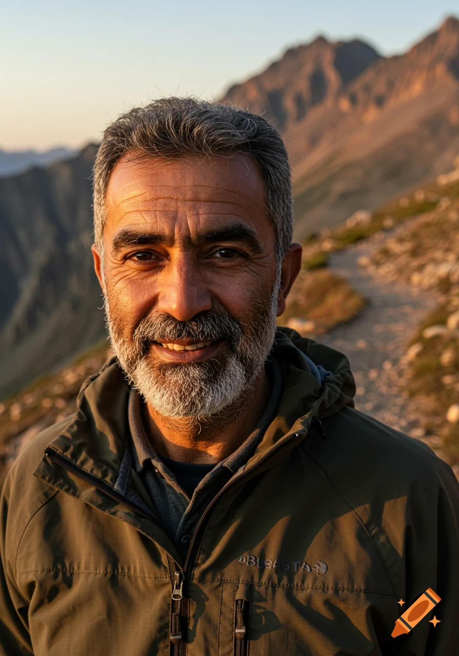 A photorealistic close-up portrait of a smiling middle-aged man with a gray beard and dark jacket, on a mountain trail at sunset.