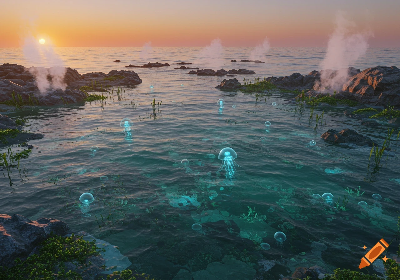 Glowing blue jellyfish float in clear shallow ocean water near rocky shores with steam, under a vibrant sunset.