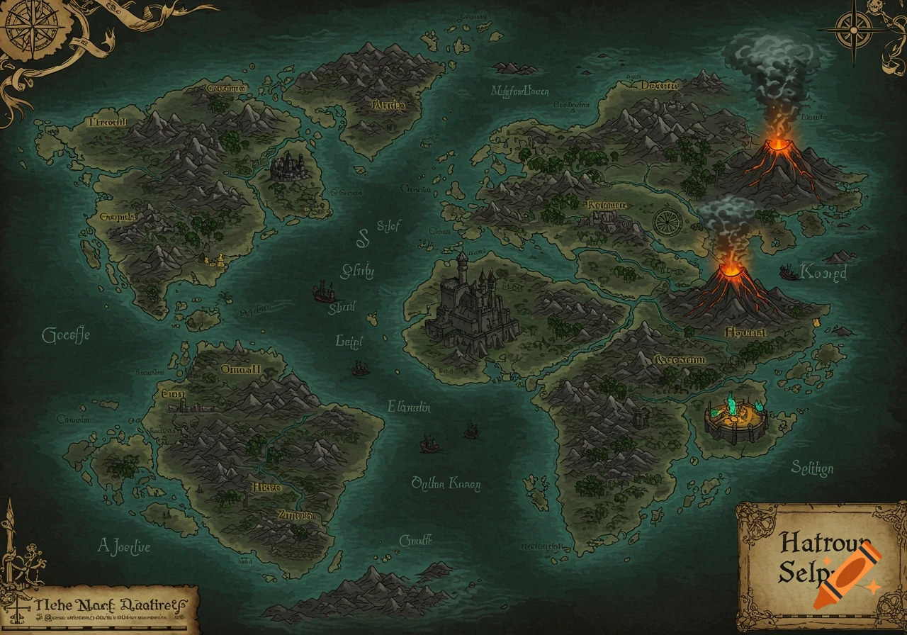 Detailed fantasy world map with islands, mountains, volcanoes, castles, ships, and text labels in an old-world style.