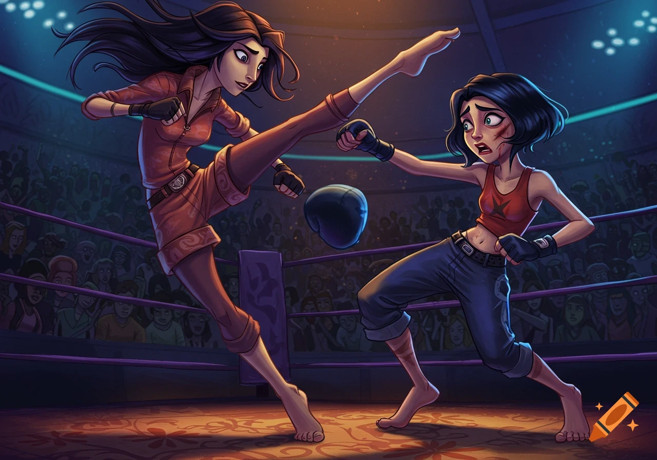 Animated cartoon depicts two women kickboxing in a ring, one delivering a high kick to the dazed face of her opponent.