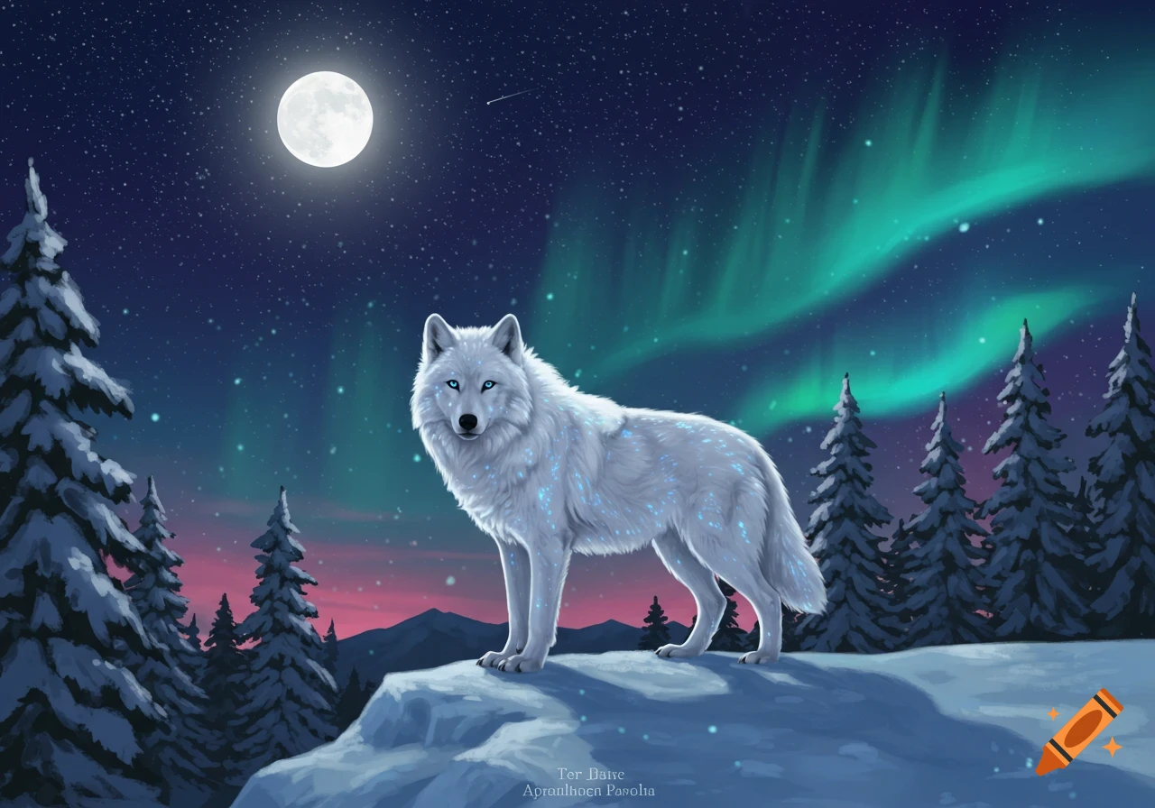 A majestic white wolf with glowing blue markings stands on a snowy cliff under a full moon and vibrant aurora borealis.