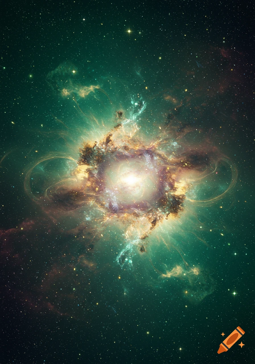 Vibrant cosmic nebula with a glowing white core surrounded by swirling green, gold, and purple gas and stars.