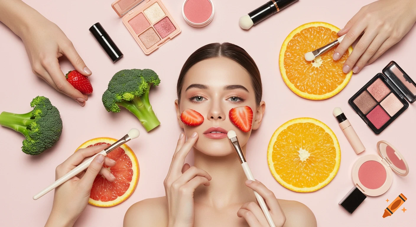 Woman with strawberries on cheeks, surrounded by hands, makeup brushes, palettes, broccoli, and citrus slices on a pink background.