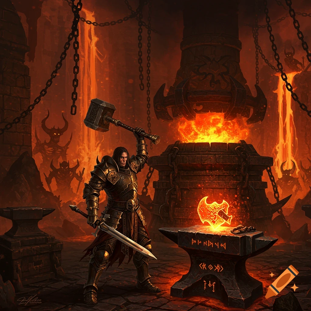 A warrior in dark armor lifts a hammer over a glowing, runic anvil in a fiery, hellish forge with demons in the background. Epic dark painting style.