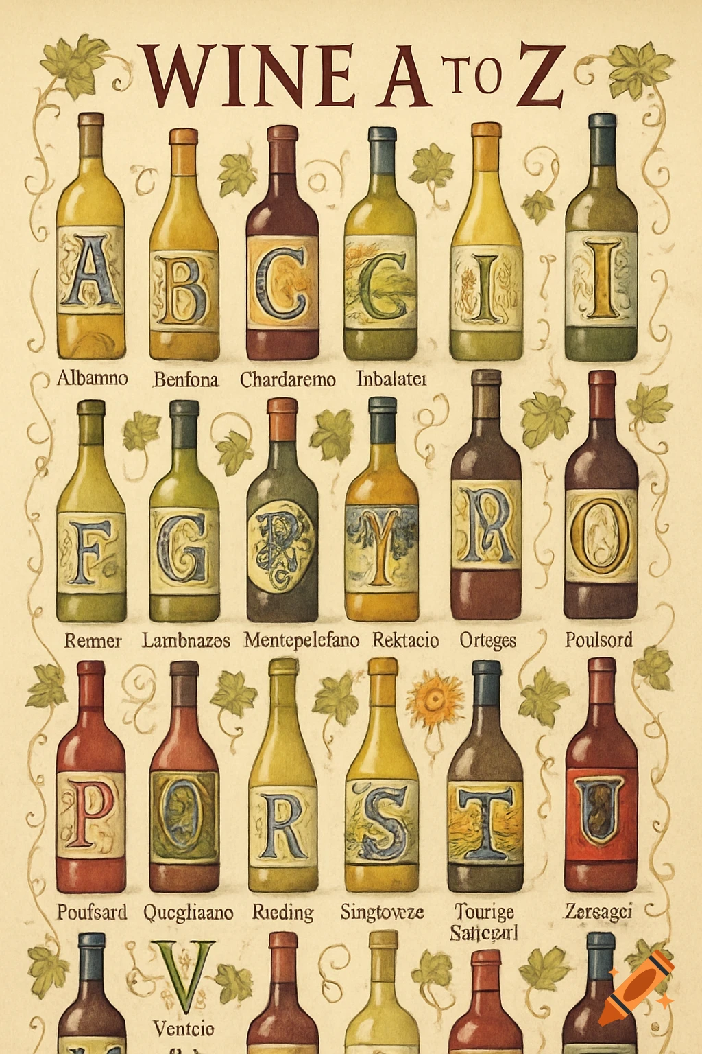 An illustrated vintage-style chart displaying various wine bottles, each labeled with a letter of the alphabet and a corresponding wine name.