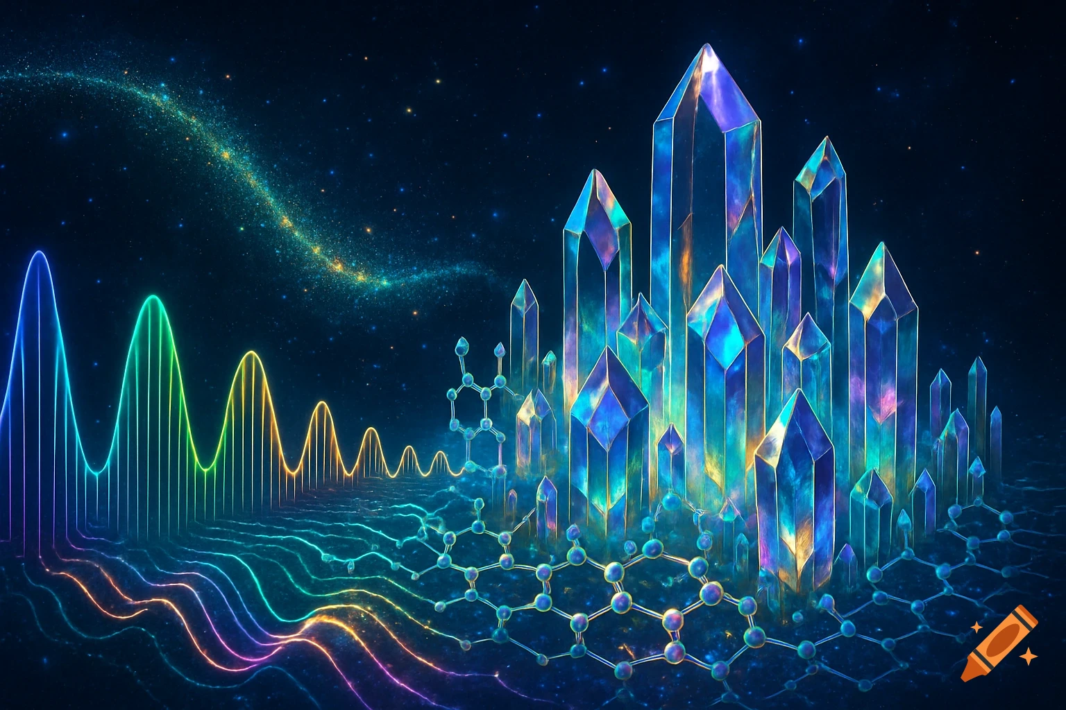 A vibrant abstract image showing colorful waveforms transitioning into molecular structures and glowing crystals against a starry space background.