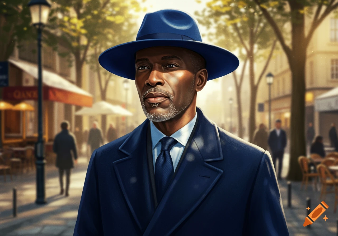 A distinguished Black man in a blue fedora and coat stands on a bustling, sunlit city street.