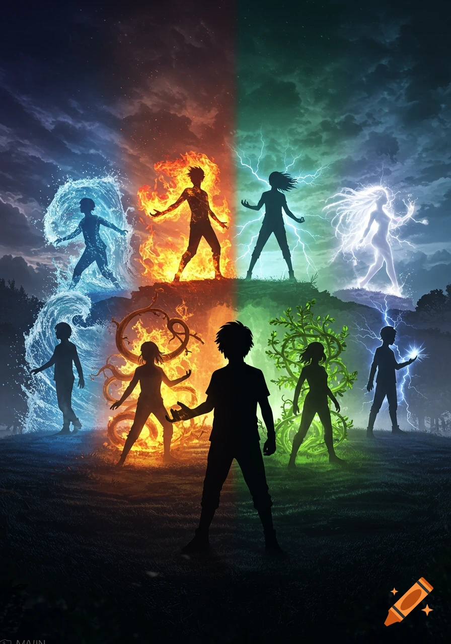An array of silhouettes of adolescents, each controlling a different element: water, fire, lightning, and plants, with a central figure in the foreground. The background is divided into vibrant elemental colors.