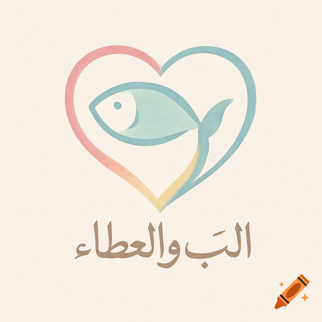 A minimalist logo featuring a light blue fish inside a pastel rainbow heart outline, with Arabic text "Love and Giving" below.
