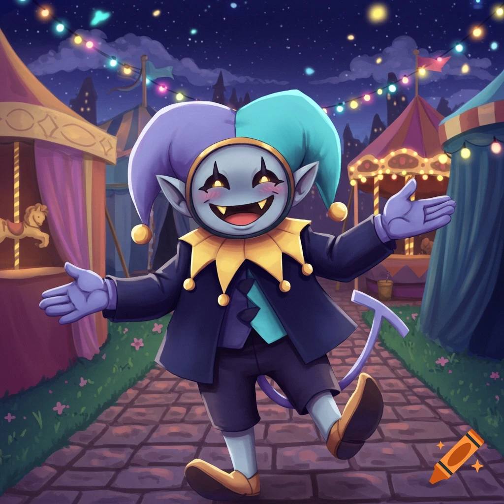 Jevil from Deltarune, looking friendly, stands with arms outstretched in a whimsical carnival at night, surrounded by tents and string lights.