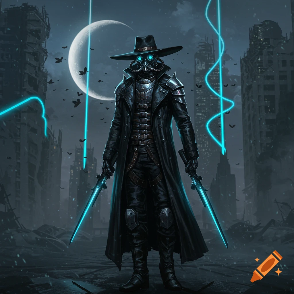 A cloaked, armored character with a gas mask and hat holds glowing swords in a dark, post-apocalyptic city under a crescent moon.