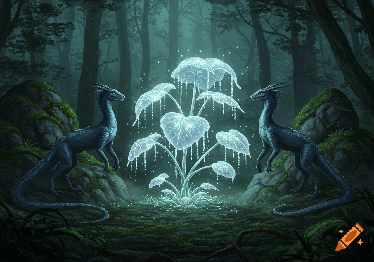 Two dark fantasy lizard-like creatures flank a magical glowing plant in a mystical, dark forest. Digital art.