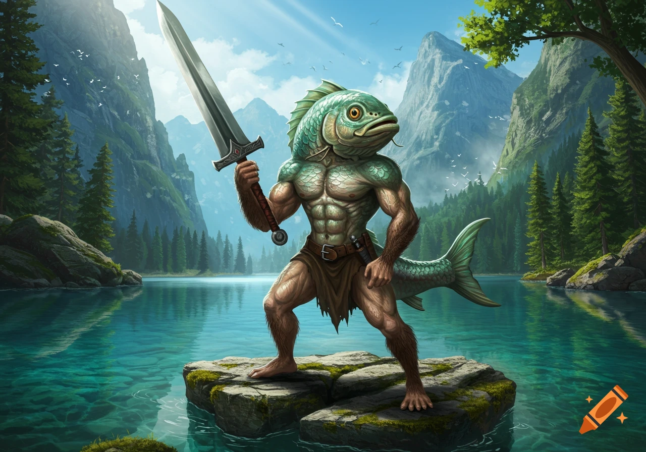 A muscular, anthropomorphic fish-man with hairy arms and legs stands on a rock in a clear mountain lake, holding a large sword.