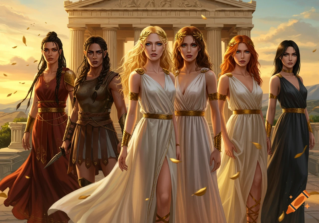 Six women in diverse Grecian attire, some warrior-like, stand before a classical temple during golden hour.