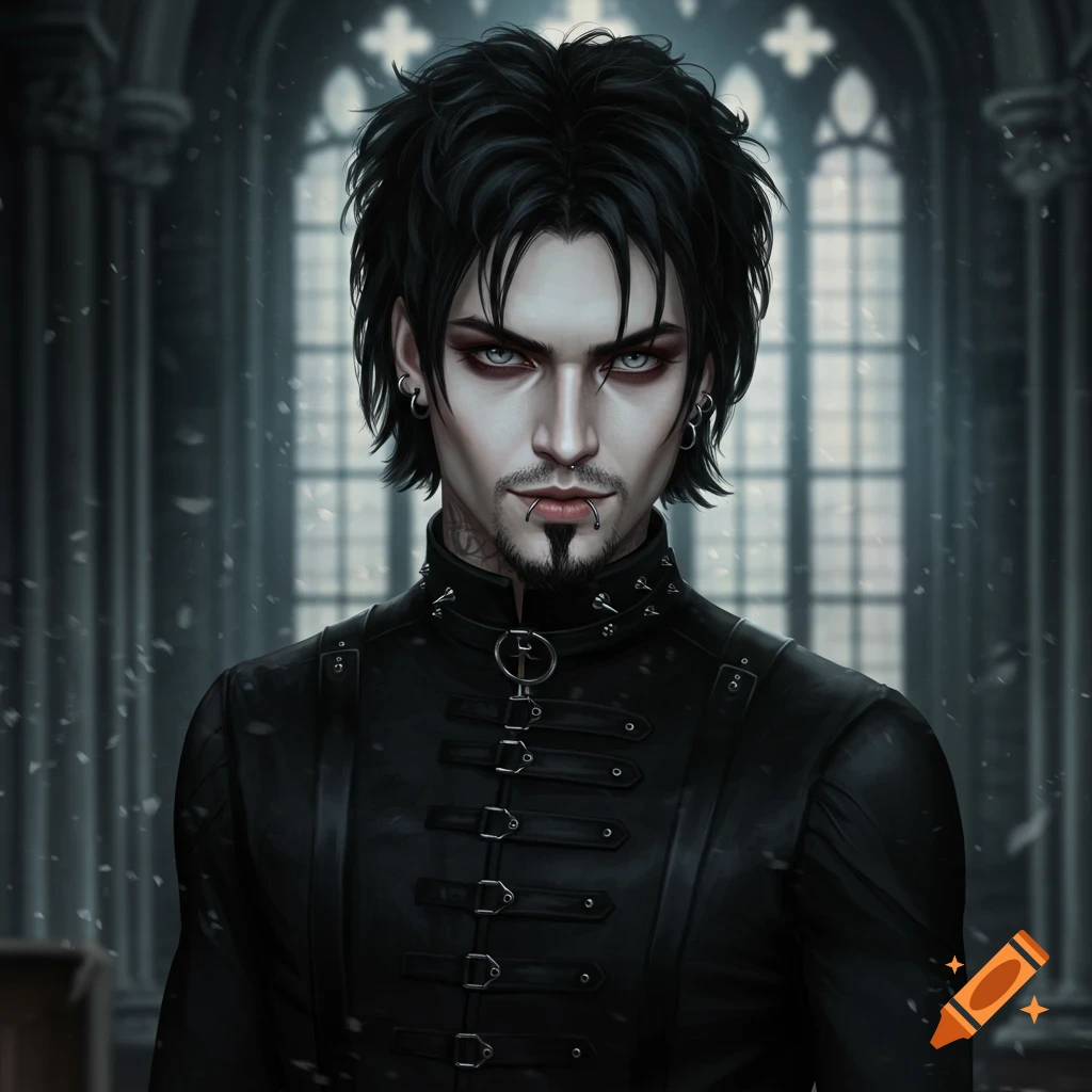 A pale-skinned male with black emo-style hair, grey eyes, and a van dyke beard, wearing a black gothic outfit with buckles, stands before gothic windows with falling snow.